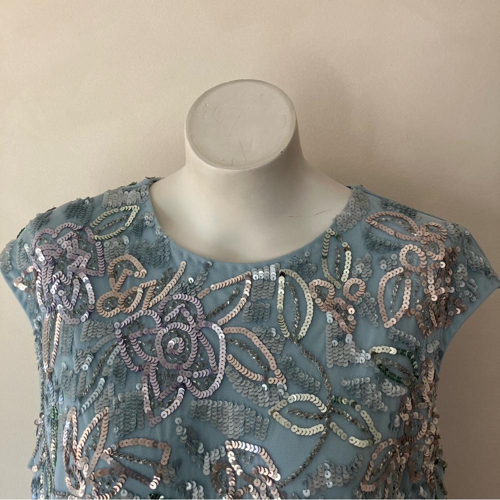 Mac Duggal | Sequined High Neck Baby Blue Cap Sleeve A Line Gown Plus Size - Picture 7 of 15
